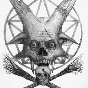 A drawing of a demon with horns and skull.