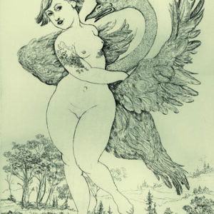 A drawing of a woman with an eagle on her back.