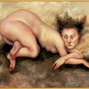 A painting of a woman laying on the ground