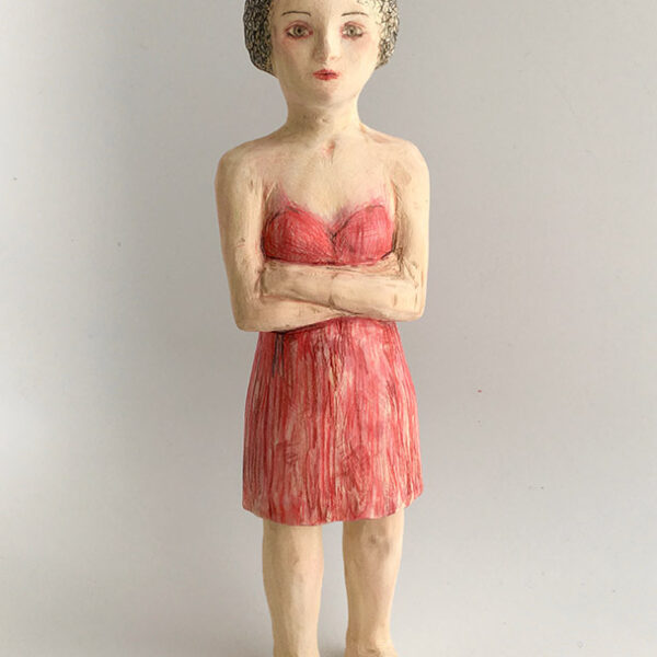 </br> <b>Barbara Hart</b> </br> <i>Margaret Takes Stock</i></br>Basswood, color pencil, acrylic</br>10.5” tall  •  $400.
