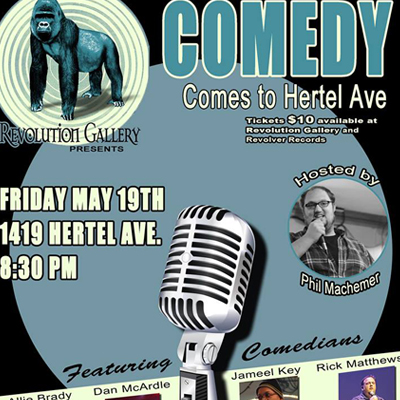 REV_GRAPHIC_TN A poster for the comedy show with a gorilla and microphone.