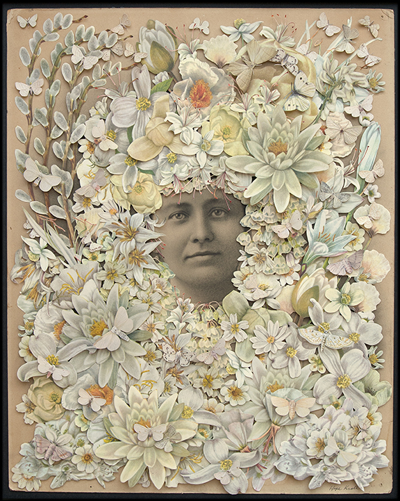 </br> <b>Hope Kroll</b> </br> <i>Lady in White </i></br>Hand cut paper collage, 3-d vintage photo
</br>20” x 16”  •  $3375.</br>