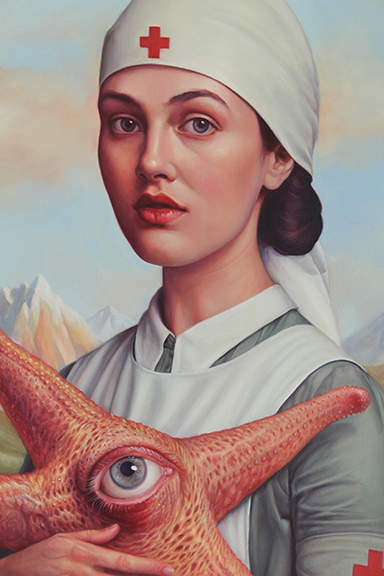 Neberra_TheNurseAndTheStarfish_detail_02 A painting of a woman holding an animal.