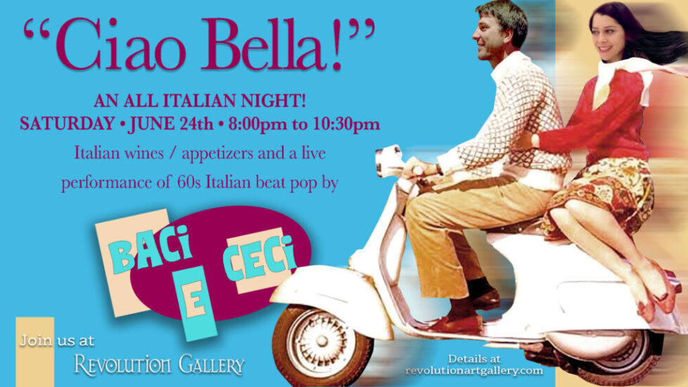 BACI_E_CICI_fb-header-1 Couple riding scooter, promoting Italian night event.