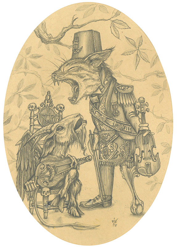 JOE_VOLLAN A drawing of two people with one animal wearing a top hat and holding a guitar.