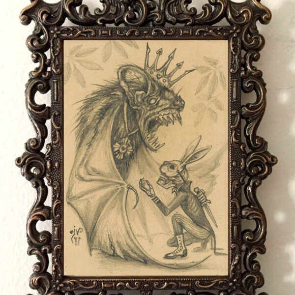 </br> <b>Joe Vollan</b> </br> <i>The Reluctant Saboteur</i></br>Graphite on antique paper
</br>2.25" x 3.25" (framed out to 3.5" x 5")   •  $150.</br><font size="+9"><font color="red">  •</font></font>