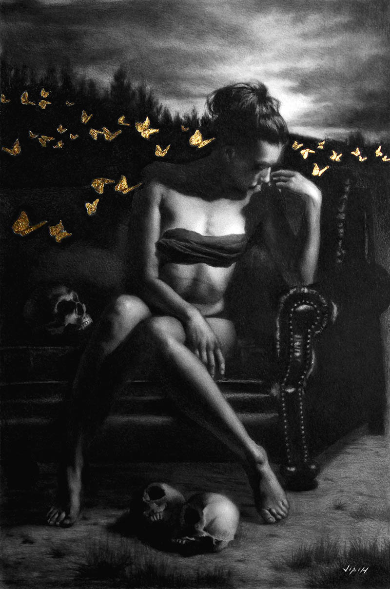 Butterflies in Gold  |  Gold Leaf and carbon pencil on paper  |  24\" x 16\"