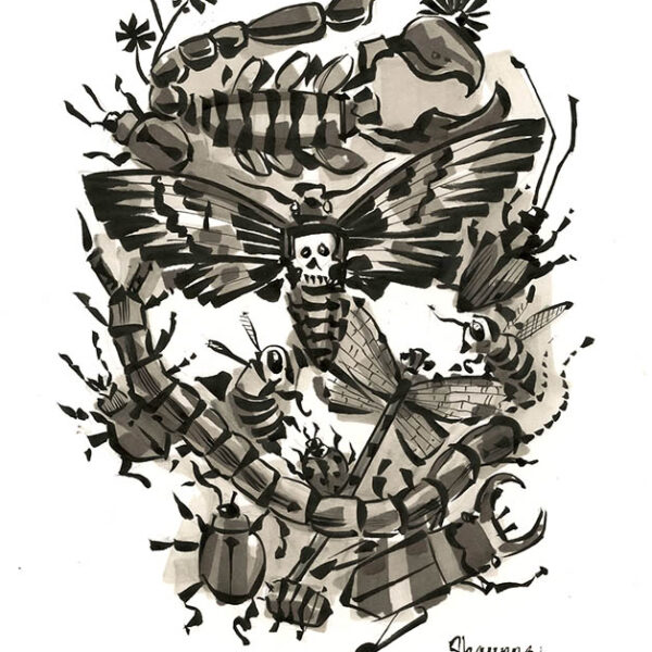 </br> <b>Shaunna Peterson</b> </br> <i>Bugs</i></br>Pentel brush pen / copic marker
</br>4.5" x 6.5" (framed 8" x 10") •  $200.