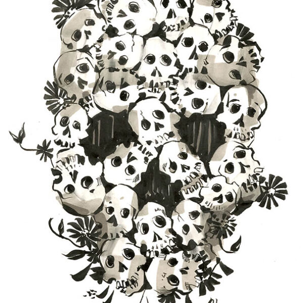 </br> <b>Shaunna Peterson</b> </br> <i>Skulls</i></br>Pentel brush pen / copic marker
</br>4.5" x 6.5" (framed 8" x 10") •  $200. <br><font size="+7"><font color="red">  •</font></font>