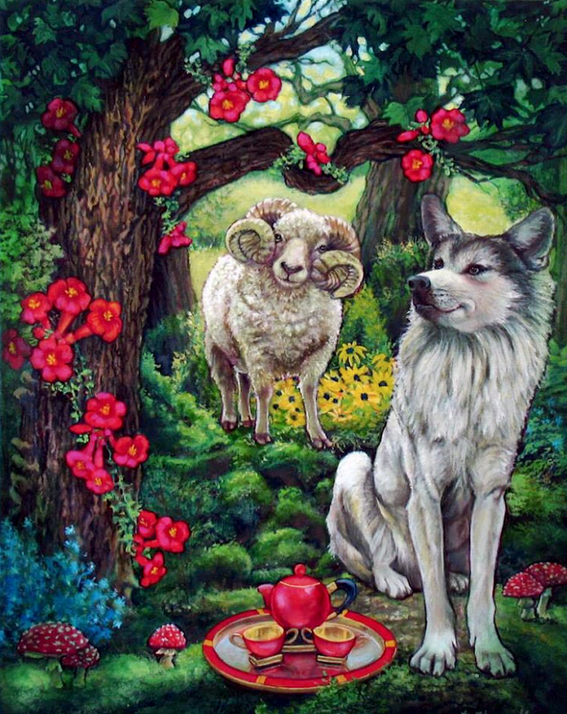 ANNETTE_HASSELL_TEA-813x1024-1 Wolf and ram in a whimsical forest.