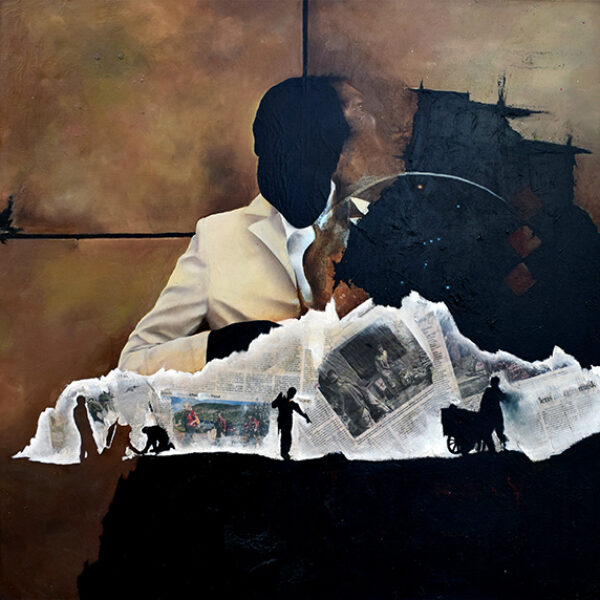 </br> <b>Greg Kuppinger</b> </br> <i>Temporary Cessation</i></br>Oil on canvas with gesso and newspaper</br>36” x 36”   •  $900.
