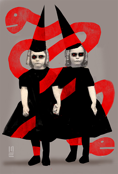 MARCOS_SORENSEN_COVEN_IMAGE Two children in black dresses, red snakes.