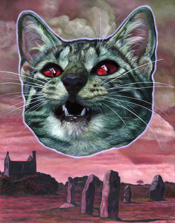 J.ODonnell_The-Kittening-1 Cat head over surreal landscape with stones.