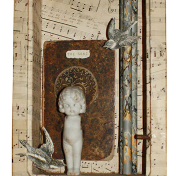 </br> <b>John Trainor</b> </br> <i>The Song</i></br>Paper, wood, paint, and ceramic</br>18” x 9” x 3”  •  $600.
</br> 