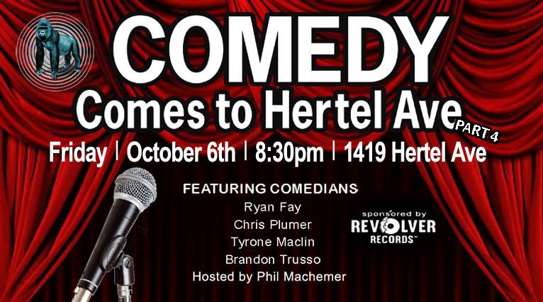 comedy_hertel_four-1 Comedy show poster with microphone and curtains.