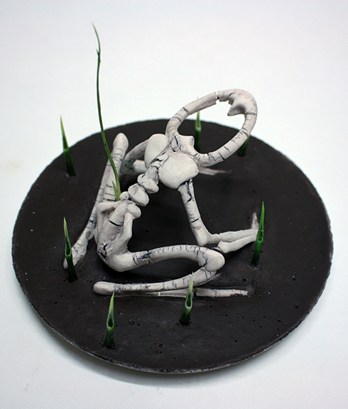 Bethany Krull

Remnant of Extinction (Frog Study)
Porcelain, chrome, wire, paint, concrete, artificial grass   •  $400.