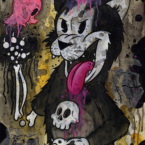 </br> <b>Frank Forte</b> </br> <i>Cat Dreams Redux</i></br>Acrylic, charcoal and ink on wood </br>9” x  12”</br>$300. <br><font size="+7"><font color="red">  •</font></font>
