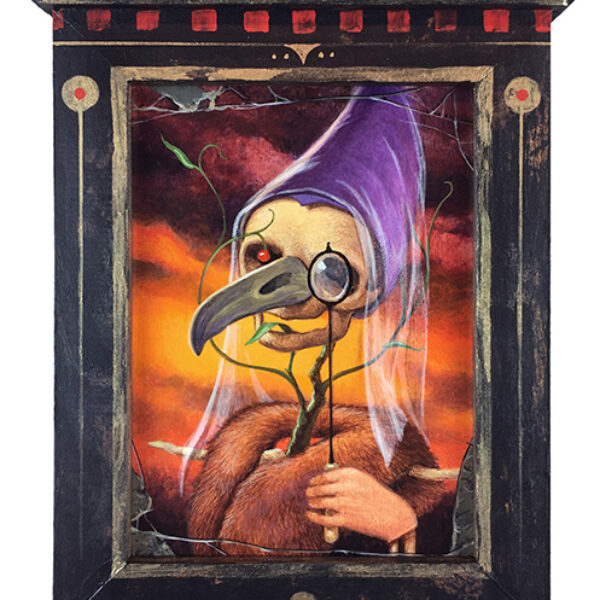 </br> <b>John Walker</b> </br> <i>Ancient Oracle</i></br>Acrylic on panel, artist created<br> distressed wood frame</br>5.5” x 4” (7.25” x 5.875” framed)   •  $350.
