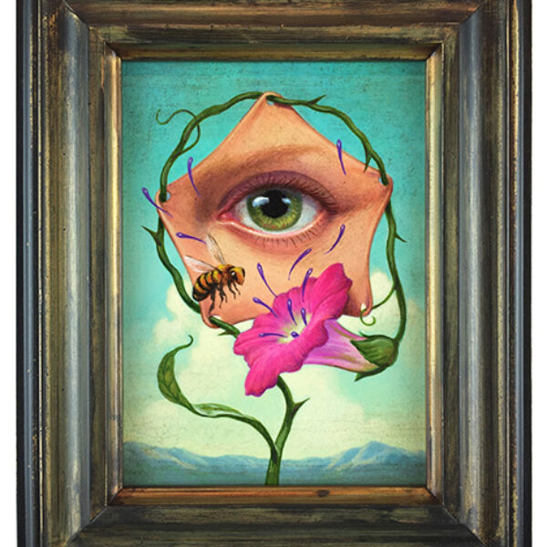 </br> <b>John Walker</b> </br> <i>Moonflower Prophecy</i></br>Acrylic on panel, artist created<br> distressed wood frame</br>6.4375” x  8.375” (8.375” x 6.75” framed)<br>$350.
