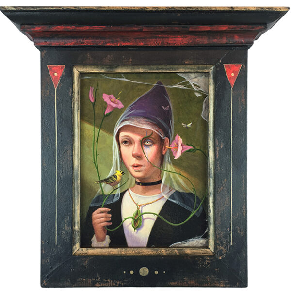 </br> <b>John Walker</b> </br> <i>The Novitiate</i></br>Acrylic on panel, artist created<br> distressed wood frame</br>7.25” x 5.25” (10.6” x 10.375” framed)<br>$500.
