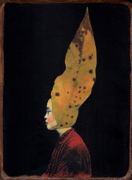 Kass Copeland |  “Leaf Queen”  |  Mixed media collage,
hand painted background |  6” x 8”