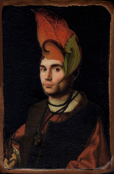 Kass-Copeland_The-Scribe_2017-1 Portrait with elaborate leaf headdress and dark background.
