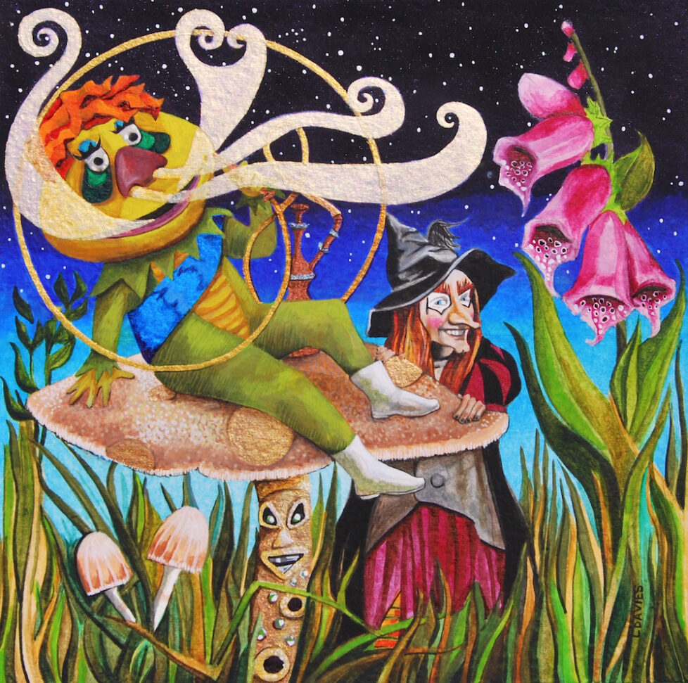 LEEANNE_DAVIES_DragonWitch A painting of a woman in a witch costume and a frog on top of a mushroom.