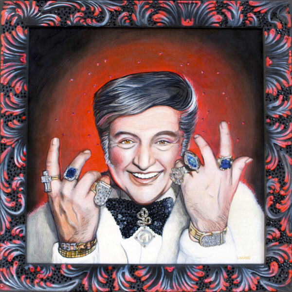 </br> <b>Leanne Davies</b> </br> <i>Liberace</i></br>Acrylic on panel, custom frame, Swarovski crystals</br>14” x 14”   •  $500. <br><font size="+7"><font color="red">  •</font></font>