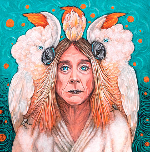 Leanne_Davies_IggyBiggySM-1 Woman with cockatoos in surreal portrait painting.