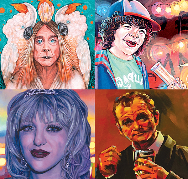 A series of paintings depicting people with various expressions.
