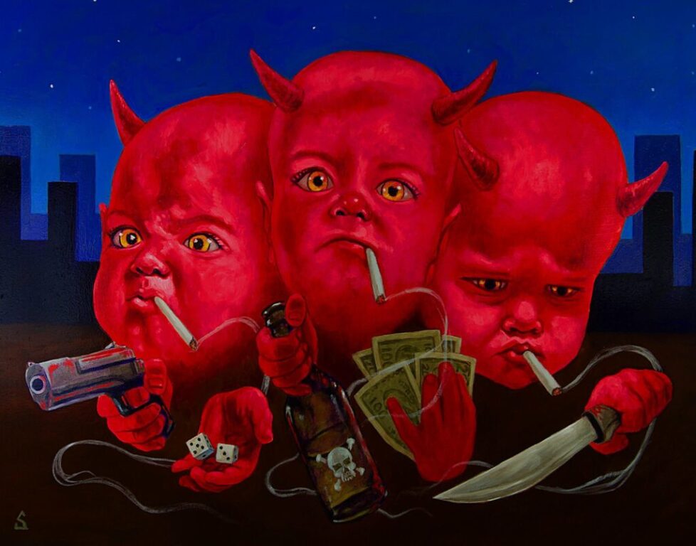 FBP-1 Three red devil heads with sinister expressions.