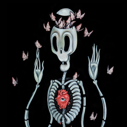 A skeleton with many hands and butterflies flying around it.