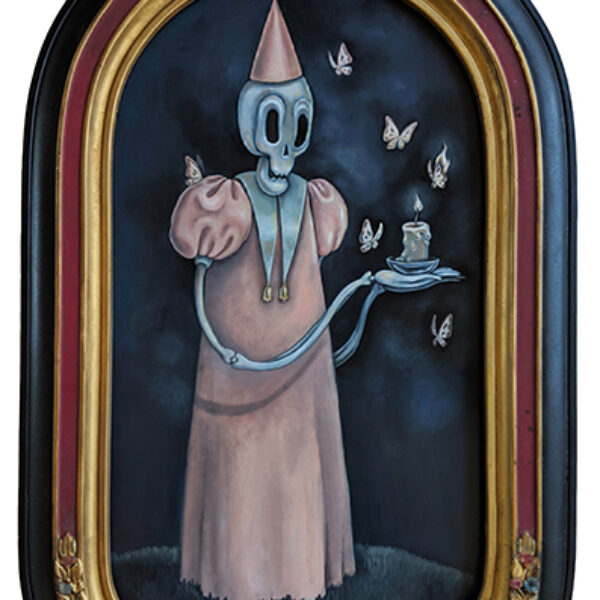 </br><i>"Moths to the Flame"</i></br>Oil on panel</br>11" x 19", framed to 15.5" x 24"  •   $800.<br><font size="+7"><font color="red">  •</font></font>