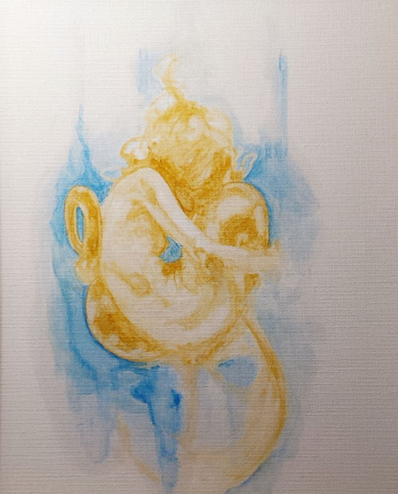 Abstract watercolor of a person hugging tuba.