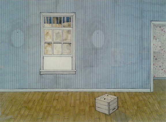 ADAM_PIECE Empty room with window and wooden box.