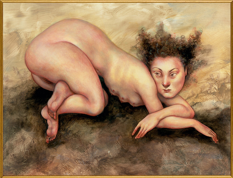 ANITA_KUNZ_Pussy-1 Surreal painting of a curled, contemplative figure.