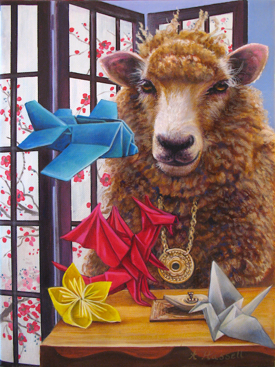 ANNETTE_HASSELL_SHEEP Sheep with origami and decorative backdrop.