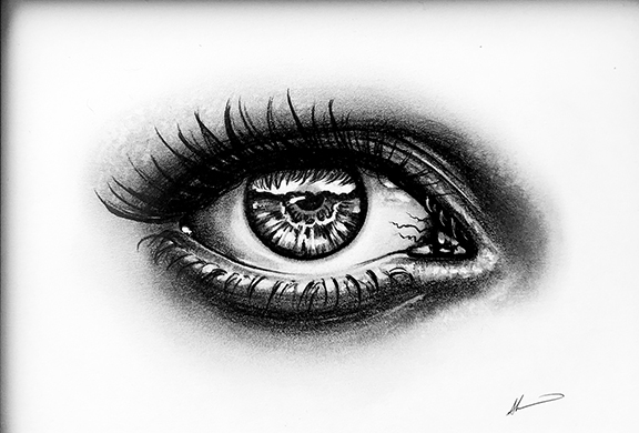 AuniaKahn_TheDarkestHour_S Detailed sketch of an eye with skull.