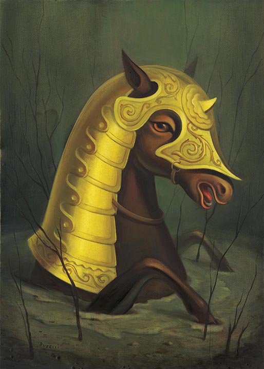 Chris_Buzelli_Vainglory Horse with ornate golden armor, submerged partially.