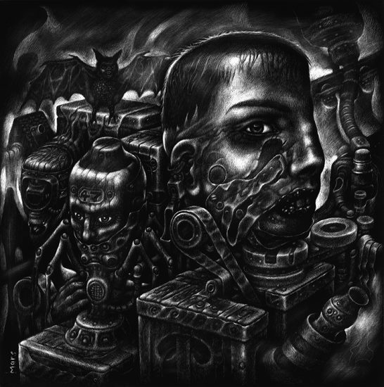 Surreal artwork featuring cyborgs and eerie figures.