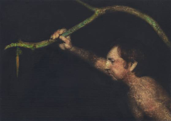 DK_BURGER_age002 Man holding a curved stick in darkness.