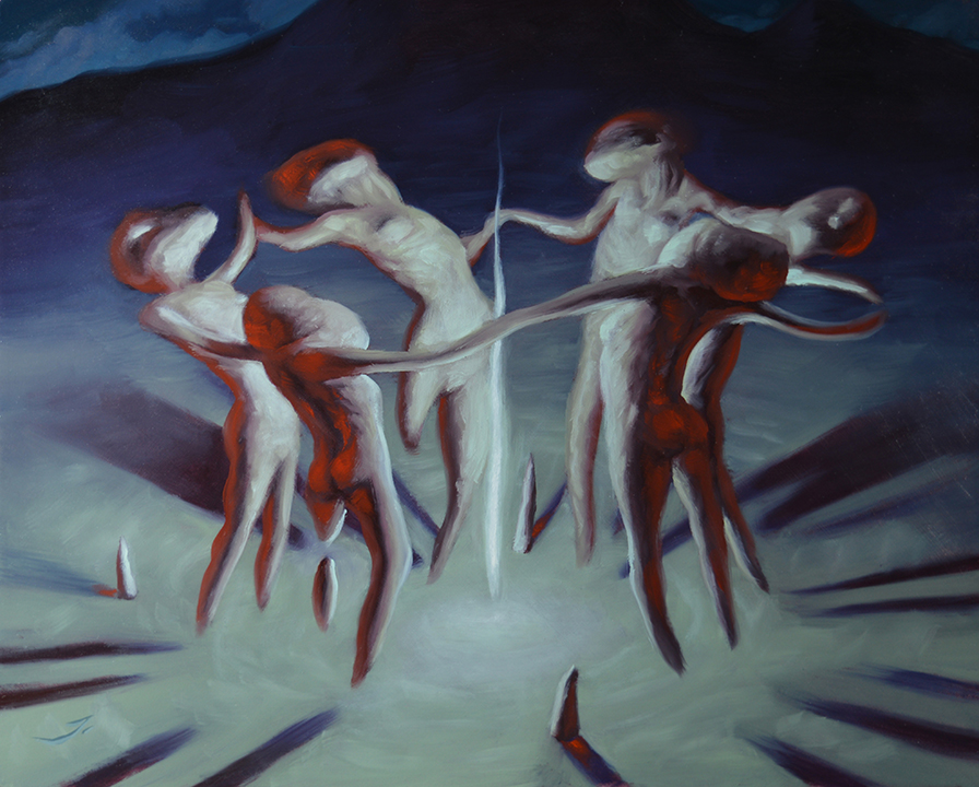 DOS_DIABLOS Abstract figures dancing in a circle.
