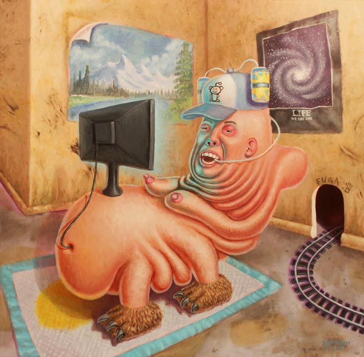 Dustin_meyers_portrait_of_the_viewer Surreal creature using computer in colorful room.