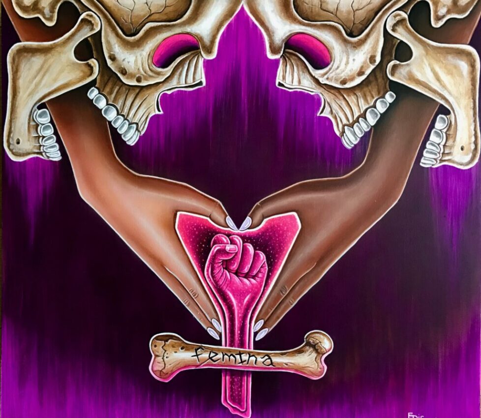 ERIC_RICHARDSON_FEMINA Two skulls, hands forming heart, femina symbol.