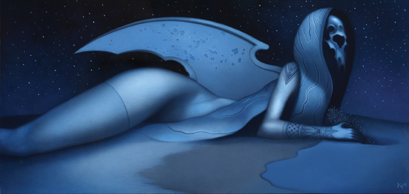 EXCAVATED Blue ethereal figure lying under starry sky.