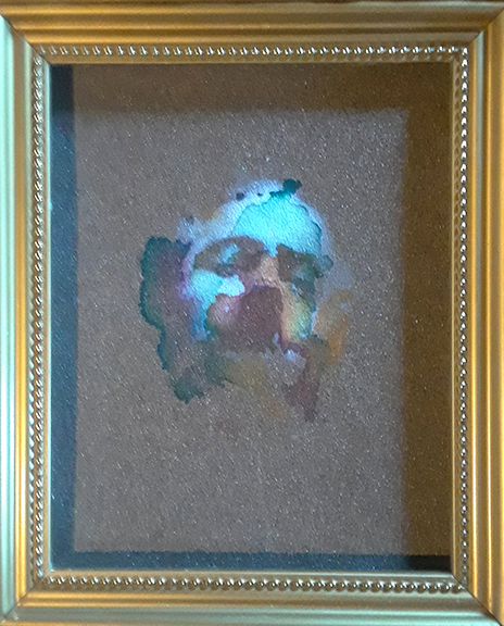 GREG_KUPPINGER Abstract watercolor painting in a gold frame.