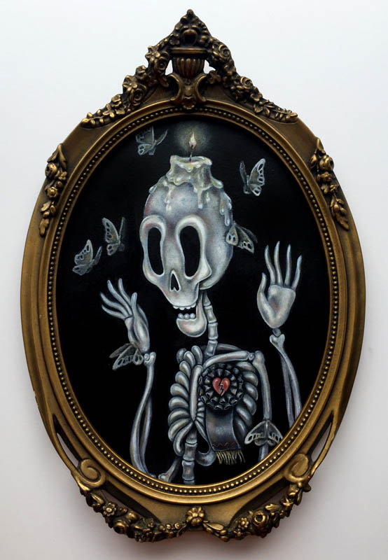 GretchenLewis_Pallbearer_LR Skeleton with moths in ornate frame.