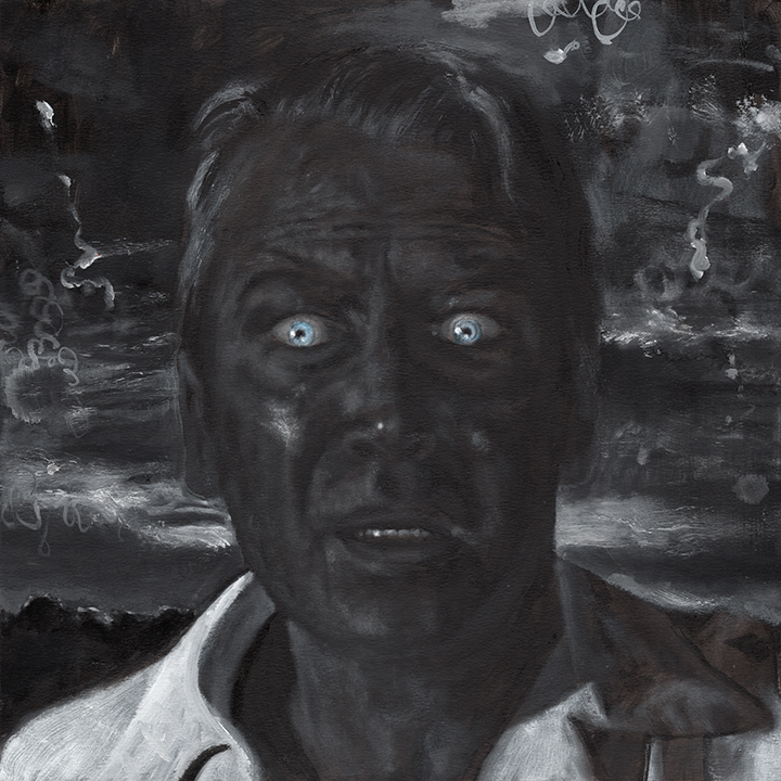HEIKO_MULLER_VERTIGO Man with glowing eyes in dark setting.