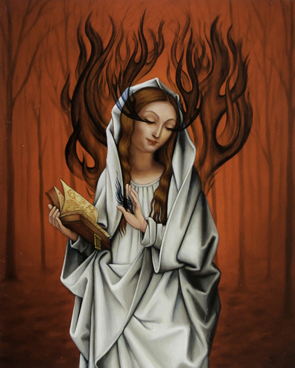 ISABELA_SAMARAS Woman in white robe with fiery background.