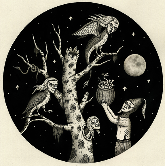JON_MACNAIR_theharpytree Surreal illustration of creatures in a tree.